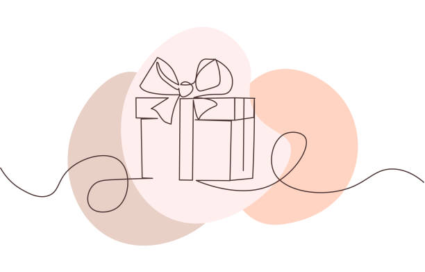 Continuous line drawing of gift box with bow on white background Continuous line drawing of gift box with bow on white background. Wrapped surprise package for christmas or birthday party .Party and celebration. Flat cartoon line art outline vector illustration single object illustrations stock illustrations