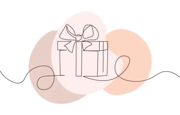 Vector illustration of Continuous line drawing of gift box with bow on white background