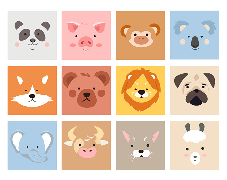 Set of cute smiling simple style animal portraits. Designs for baby clothes. Hand drawn characters. Flat cartoon vector illustration
