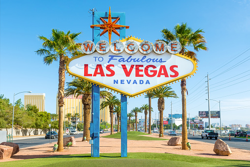 USA. Las Vegas. 09.17.2022. Beautiful view through Strip and palm trees on  Caesars Palace casino in Las Vegas, USA.