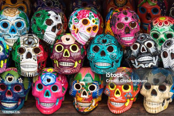 Mexican Souvenir Painted Skulls Cancun Mexico Stock Photo - Download Image Now - Mexico, Mexican Culture, Art