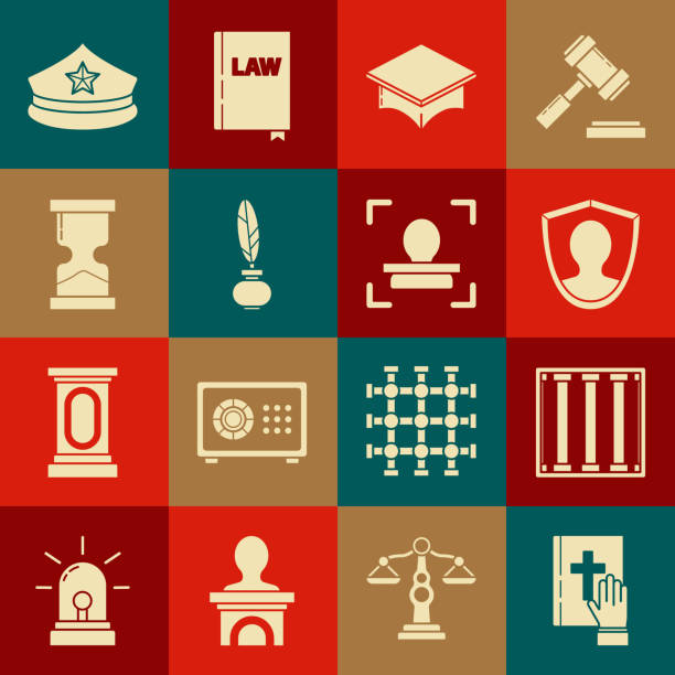 ilustrações de stock, clip art, desenhos animados e ícones de set oath on the holy bible, prison window, user protection, graduation cap, feather and inkwell, old hourglass, police with cockade and face recognition icon. vector - american justice audio