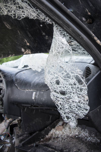 istock Broken car windshield close-up. Accident, downed crossings. Concept 1330964270