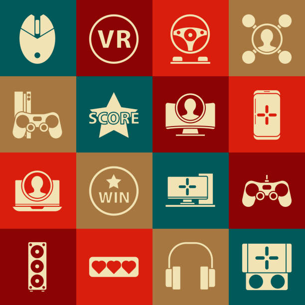 stellen sie tragbare videospielkonsole, gamepad, smartphone und spielen in, rennsimulator-cockpit, star, mit joystick, computermaus-gaming und kontobildschirm-symbol erstellen. vektor - medal control computer icon symbol stock-grafiken, -clipart, -cartoons und -symbole