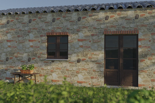 3d rendering of traditional tuscany farmhouse in the evening sunlight
