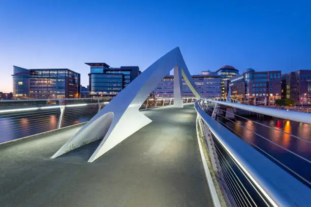 Wide angle view of Squiggly Bridge at dusk in Glasgow, Scotland, UK