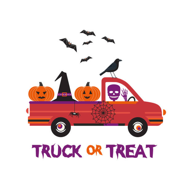 illustrations, cliparts, dessins animés et icônes de fancy halloween truck ou treat affiche vectorielle - animal skull skull halloween backgrounds