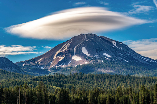 A lenticular cloud passing over Mt. Lassen in Lassen Volcanic National Park.