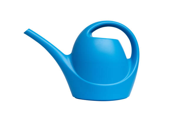 blue plastic watering can  for watering flowers isolated on white background. - watering can imagens e fotografias de stock