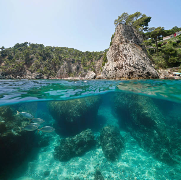 spanien felsige küste costa brava mittelmeer - below sea level stock-fotos und bilder