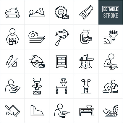 A set of wood working or carpentry icons that include editable strokes or outlines using the EPS vector file. The icons include wood workers and carpenters as well as wood working tools. They include a sander, wood plainer, wood sawing wood, hand wood saw, carpenter with tool belt and tools, tape measure measuring board, wood lathe, wood in clamp, wood router, measuring tools, electric saw cutting wood, wood furniture, dresser, person, drill press drilling wood, end table, screwdriver screwing in screw, wood worker hammering nail, coping saw cutting wood, carpenter with electric drill, coffee table and other wood working related icons.