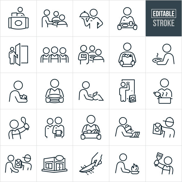 Restaurant Staff Thin Line Icons - Editable Stroke A set of restaurant staff icons that include editable strokes or outlines using the EPS vector file. The icons include a restaurant hostess, restaurant reception, waitress waiting tables, restaurant server holding plate, doorman opening restaurant door open, team of chefs, waiter holding restaurant menu, cook with bag of groceries, waiter with order pad, restaurant dishwasher holding a stack of clean plates, chef cooking hamburgers, food delivery person knocking on door with bag of takeout food, chef cooking, cook holding up spatula and wearing apron, fine dining staff, bus boy with bin of dirty dishes, restaurant dishwasher washing dishes, take out delivery person delivering food, restaurant, chef cooking food in frying pan, chef cutting ingredients and other related icons. serving food and drinks stock illustrations