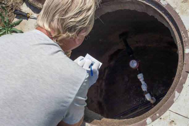 o homem se inclinou sobre o poço de água e registra as leituras do medidor de água. verificando e consertando o balcão - water meter - fotografias e filmes do acervo