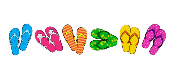 ilustrações de stock, clip art, desenhos animados e ícones de flip flop vector icon, colorful summer slippers, sandal beach set. cartoon - slipper beach backgrounds sea