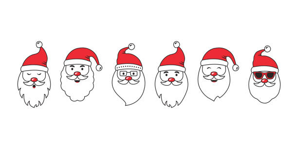 christmas santa claus face vector icons, cute cartoon character, red santa hat, new year collection, holiday winter - santa hat stock illustrations