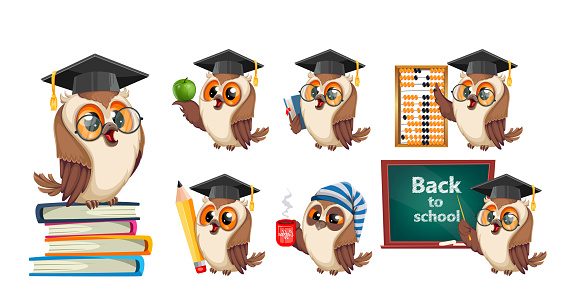 Owl in graduation cap, set of seven poses. Back to school concept. Wise owl, cute cartoon character. Stock vector illustration