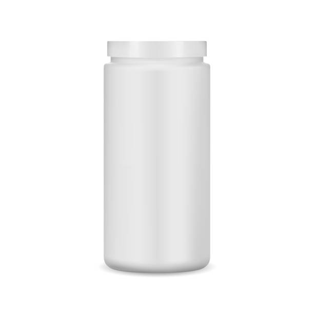 Milk plastic can. Protein powder jar mock up Milk plastic can. Protein powder jar mock up. Cylinder container, realistic vector design, medicine tablets pack protein powder bottle stock illustrations
