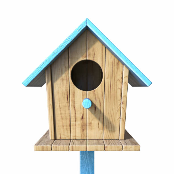 Birdhouse with blue roof Front view 3D Birdhouse with blue roof Front view 3D render illustration isolated on white background nesting box stock pictures, royalty-free photos & images