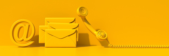At sign, mail and phone sign 3D render illustration isolated on yellow background