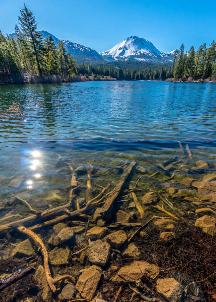 затопленные скалы в озере манзанита и горе лассен - manzanita lake стоковые фото и изображения