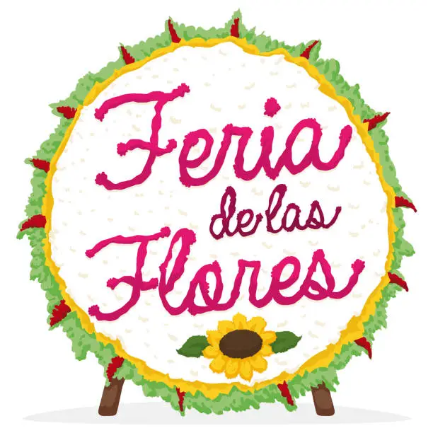Vector illustration of Circular Silleta with sunflower, leaves and text for Feria de las Flores