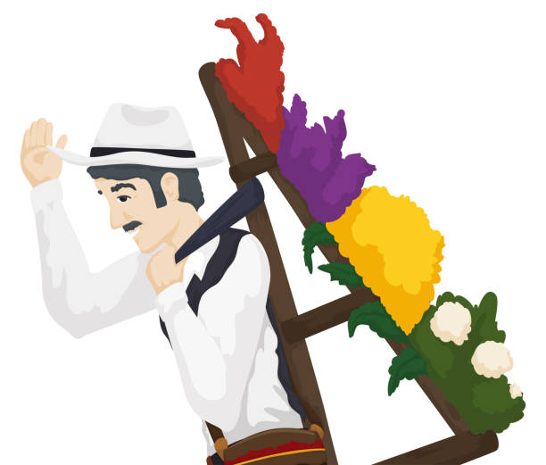 ilustrações de stock, clip art, desenhos animados e ícones de silletero carrying a floral arrangement in the festival of flowers - flower parade