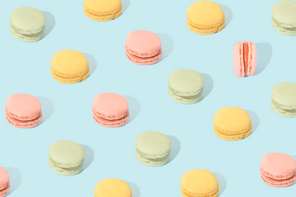 istock Macarons in different pastel colors arranged in a pattern. Sweet food cake concept 1330992063