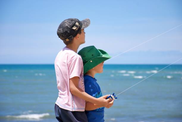 Young Boys Fly a Kite Together An older brother helps his younger sibling learn to fly a kite. Taken at the beach in summer. nelson landscape beach sand stock pictures, royalty-free photos & images