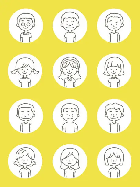 Vector illustration of Cute avatar icons of boys and girls in thin-line style