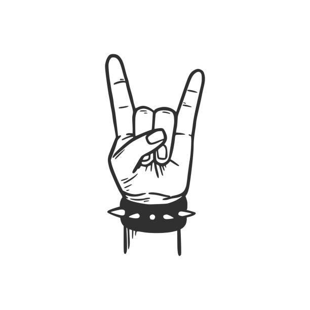 Rock and roll hand. Hand drawn doodle sketch style Rock and roll hand. Hand drawn doodle sketch style. Drawing black line music arm for rock, punk, metall sign. Isolated vector illustration. wind instrument stock illustrations