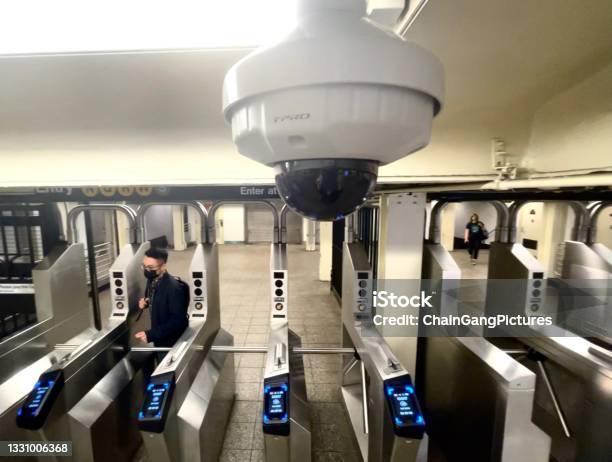 Security Video Surviellance Camera In Subway Entrance Stock Photo - Download Image Now