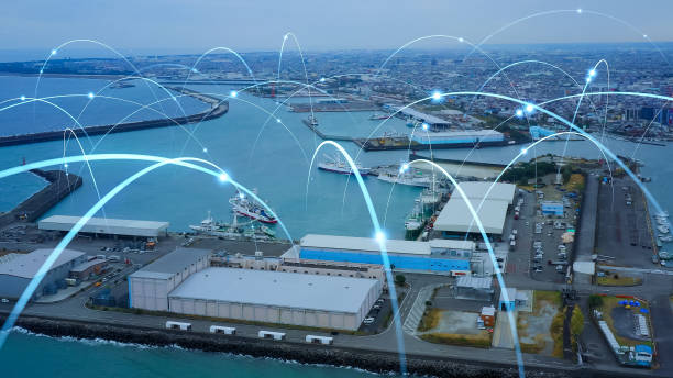 Fishing port and communication network concept. Smart fishery. Fishing port and communication network concept. Smart fishery. digital transformation factory stock pictures, royalty-free photos & images
