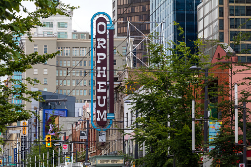 Vancouver, British Columbia, Canada - July 1, 2021: Vancouver's Orpheum Theatre, home to the Vancouver Symphony Orchestra is a historic site along Granville Street.