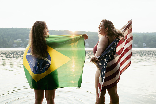 Birthday Party at the Lake with friends in the summer, and Friends with the flags of Brazil and the USA