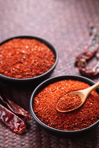 Red chili pepper powder in a bowl with spoon, Chili flakes, Food ingredients