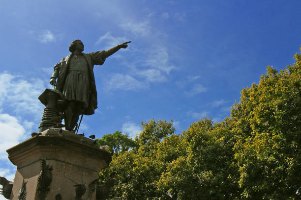 First city of america, statue of Christopher Columbus pointing towards europe