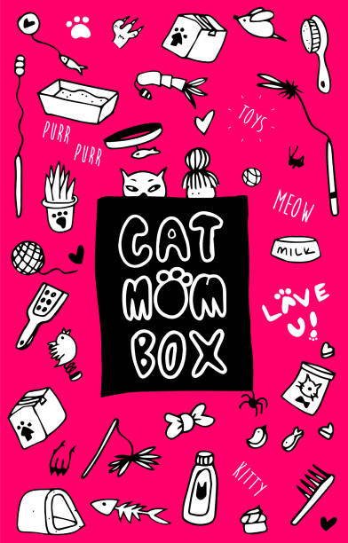 ilustrações de stock, clip art, desenhos animados e ícones de cat mom box label - kitty equipment gift box doodled sticker - cat box