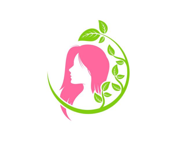 ilustrações de stock, clip art, desenhos animados e ícones de circular nature leaf with beautiful women inside - human hair flowing fashion beauty spa