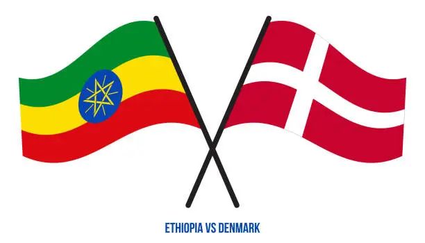 Vector illustration of Ethiopia and Denmark Flags Crossed And Waving Flat Style. Official Proportion. Correct Colors.