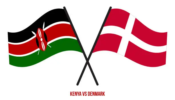 Vector illustration of Kenya and Denmark Flags Crossed And Waving Flat Style. Official Proportion. Correct Colors.
