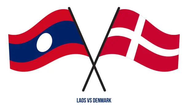Vector illustration of Laos and Denmark Flags Crossed And Waving Flat Style. Official Proportion. Correct Colors.