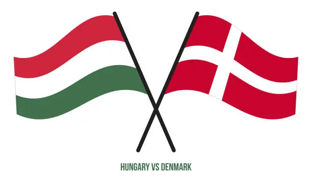 Vector illustration of Hungary and Denmark Flags Crossed And Waving Flat Style. Official Proportion. Correct Colors.