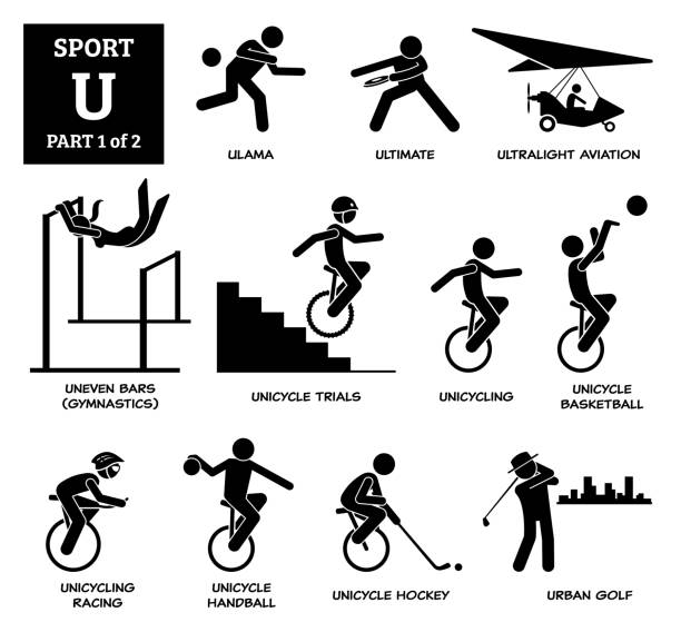 Sport games alphabet U vector icons pictogram. Ulama, ultimate, ultralight aviation, uneven bars gymnastic, unicycle trials, unicycling, unicycle basketball, racing, handball, hockey, and urban golf. ulama stock illustrations