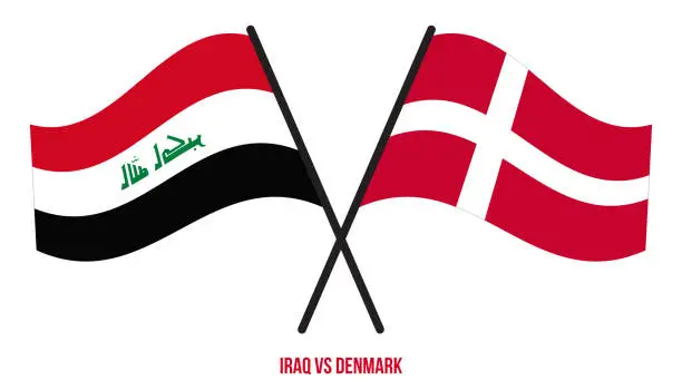 Vector illustration of Iraq and Denmark Flags Crossed And Waving Flat Style. Official Proportion. Correct Colors.