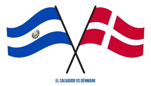 Vector illustration of El Salvador and Denmark Flags Crossed And Waving Flat Style. Official Proportion. Correct Colors.