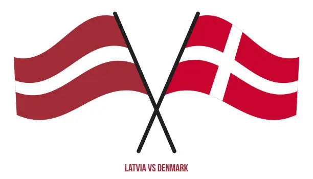 Vector illustration of Latvia and Denmark Flags Crossed And Waving Flat Style. Official Proportion. Correct Colors.