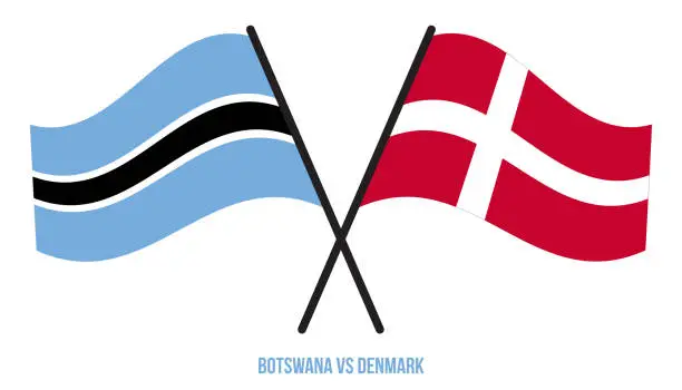 Vector illustration of Botswana and Denmark Flags Crossed And Waving Flat Style. Official Proportion. Correct Colors.