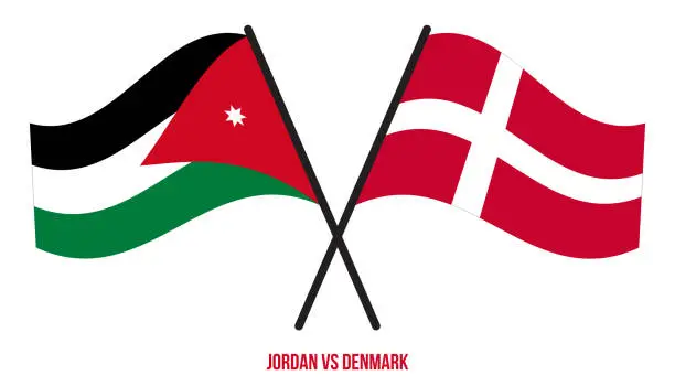 Vector illustration of Jordan and Denmark Flags Crossed And Waving Flat Style. Official Proportion. Correct Colors.