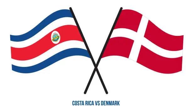 Vector illustration of Costa Rica and Denmark Flags Crossed And Waving Flat Style. Official Proportion. Correct Colors.