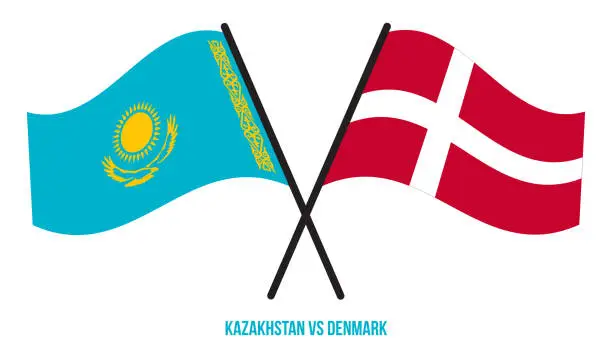 Vector illustration of Kazakhstan and Denmark Flags Crossed And Waving Flat Style. Official Proportion. Correct Colors.